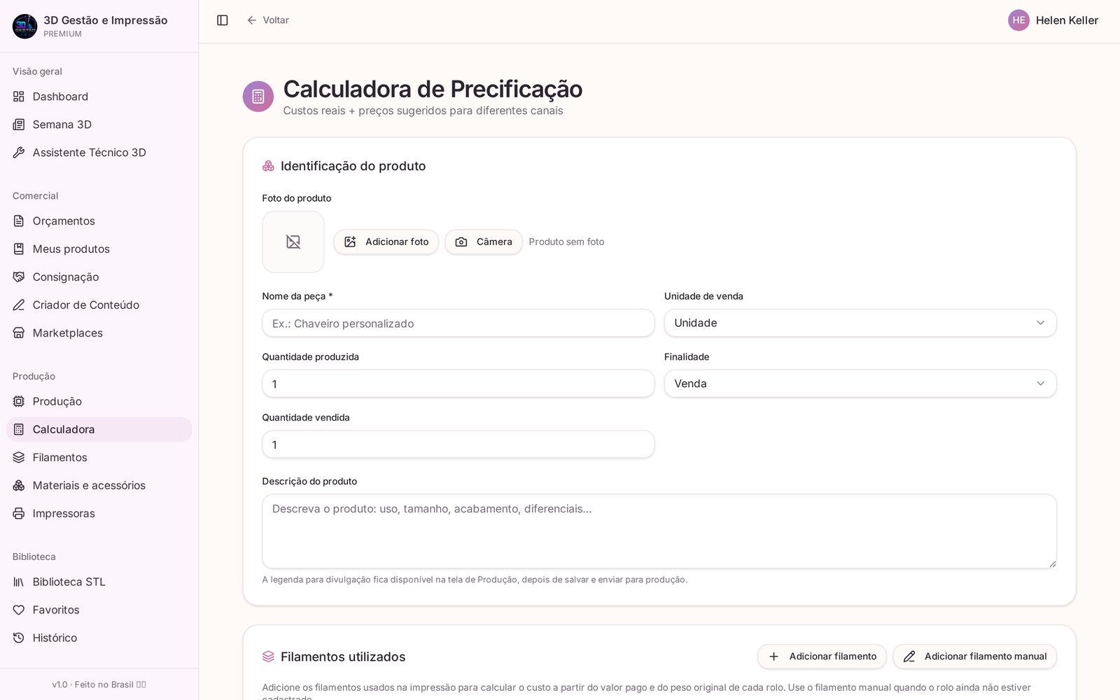 Tela da Calculadora de custos e preços do aplicativo