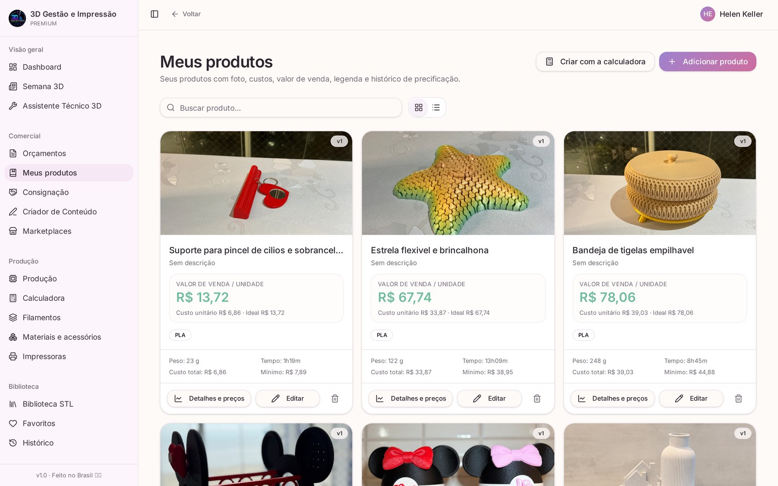 Tela Meus produtos com cards de produtos, fotos e valor de venda por unidade