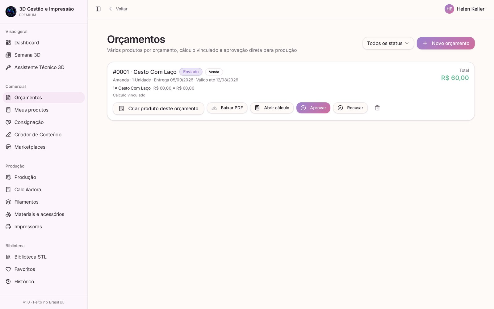 Tela de Orçamentos com lista de itens e totais
